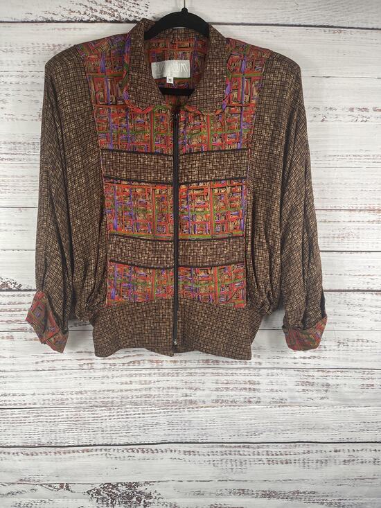 Platinum by Dorothy Schoelen Jackets & Blazers - Vintage Platinum Jacket Women's Size M Brown Abstract Zip Up Padded Shoulder 90s